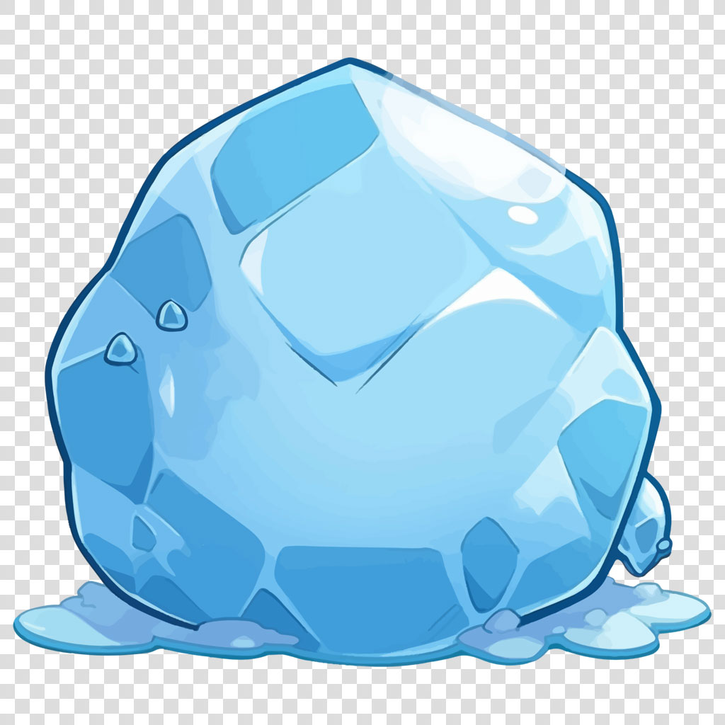 A large blue ice cube with a few water droplets on its surface, melting into a puddle.