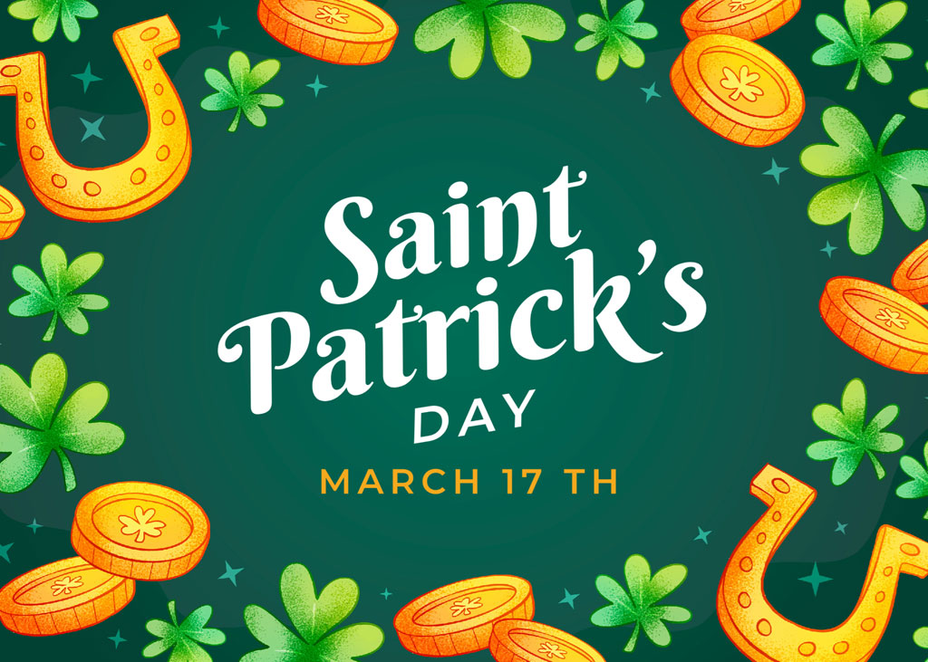 Saint Patrick's Day illustration with shamrocks, horseshoes, and gold coins