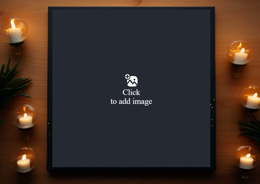 Black display frame with candles around it