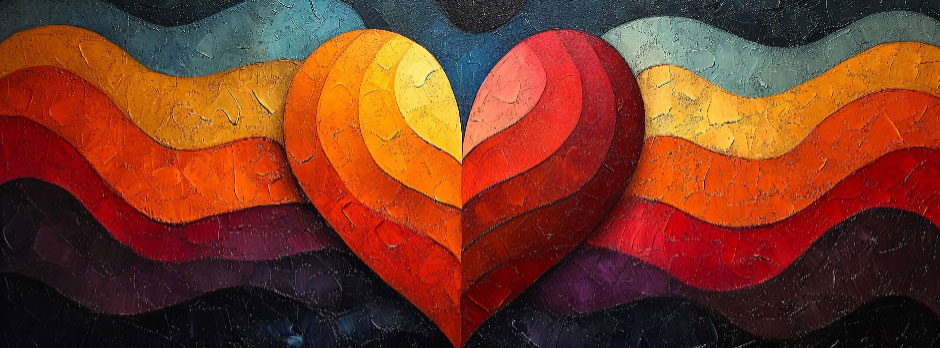 A heart-shaped artwork with layered, wavy patterns in shades of red, orange, and purple.
