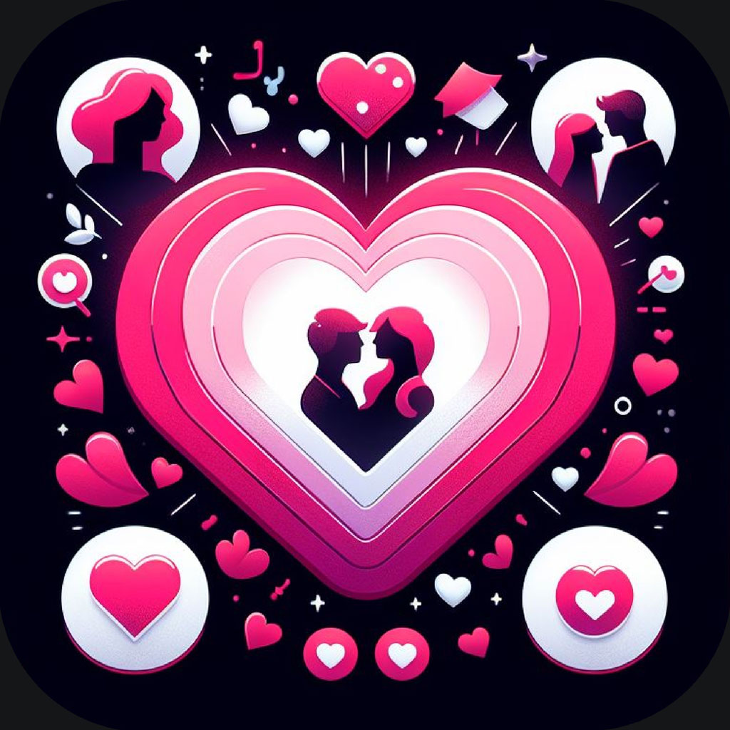 Illustration of a couple kissing inside a large heart surrounded by smaller hearts and romantic symbols