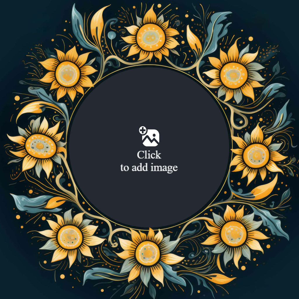 A circular frame adorned with yellow sunflowers and blue-green leaves on a dark blue background.