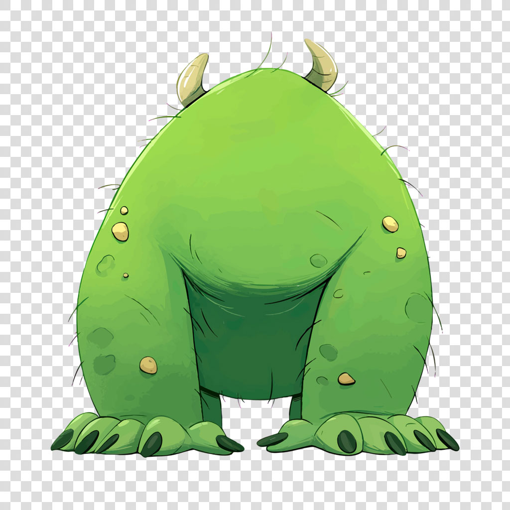 A green cartoon monster with two horns and spots on its body.