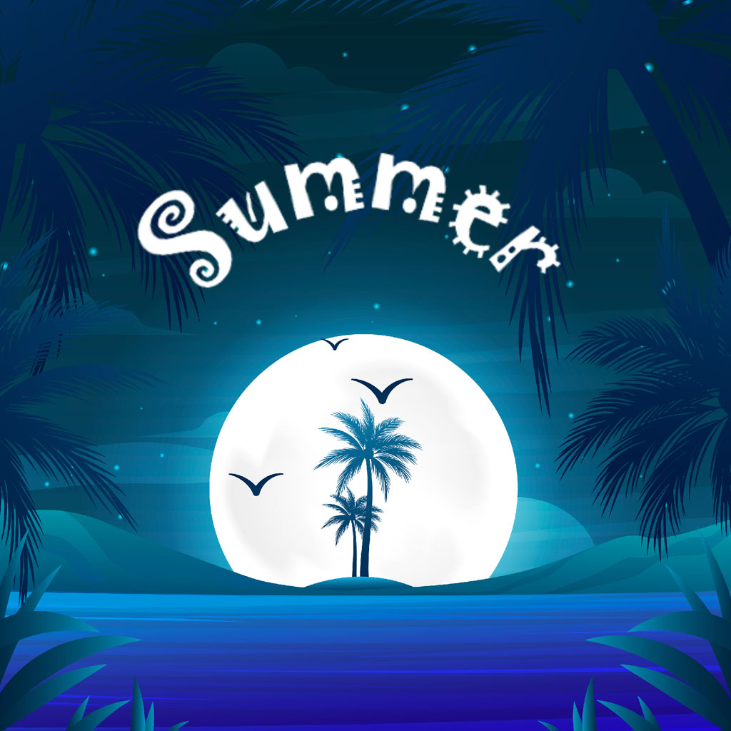 A digital illustration of a summer night with a large moon and palm trees.