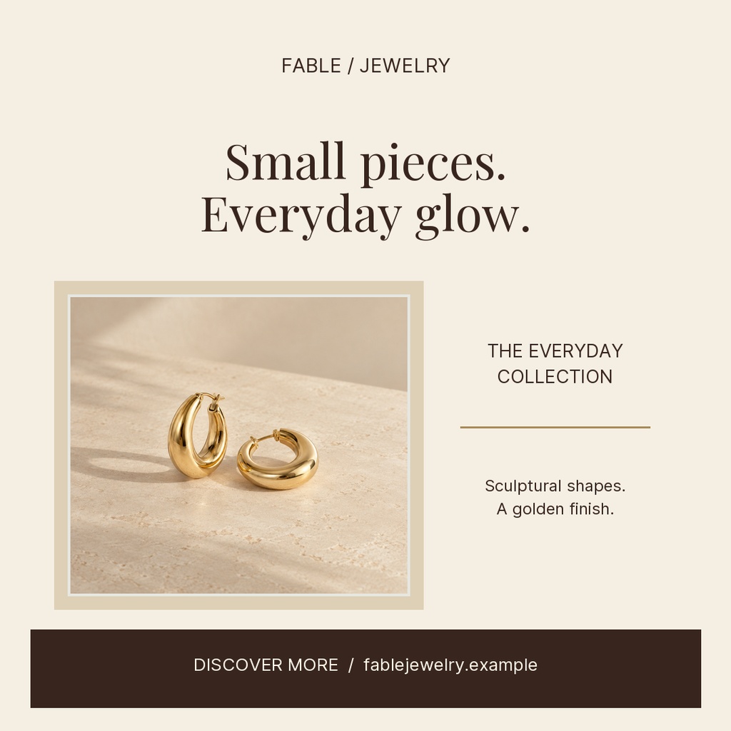 Square post template featuring gold earrings, beige background, and elegant jewelry promotion text.