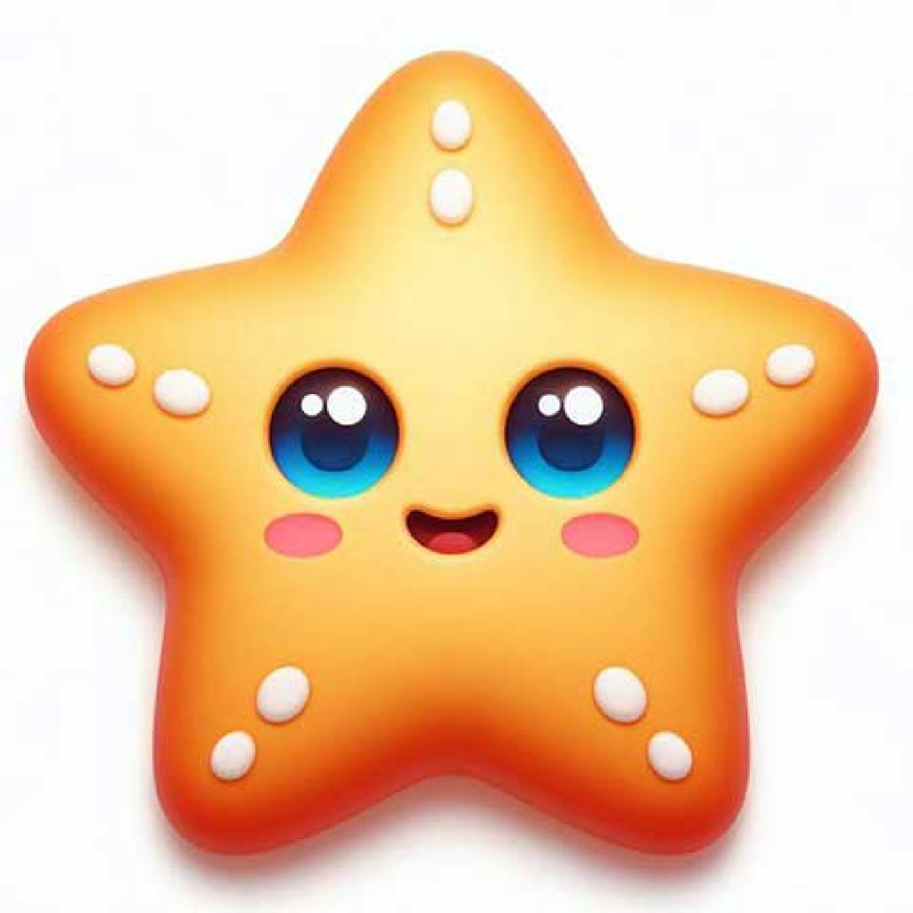 A cartoon starfish with a smiling face and blue eyes.