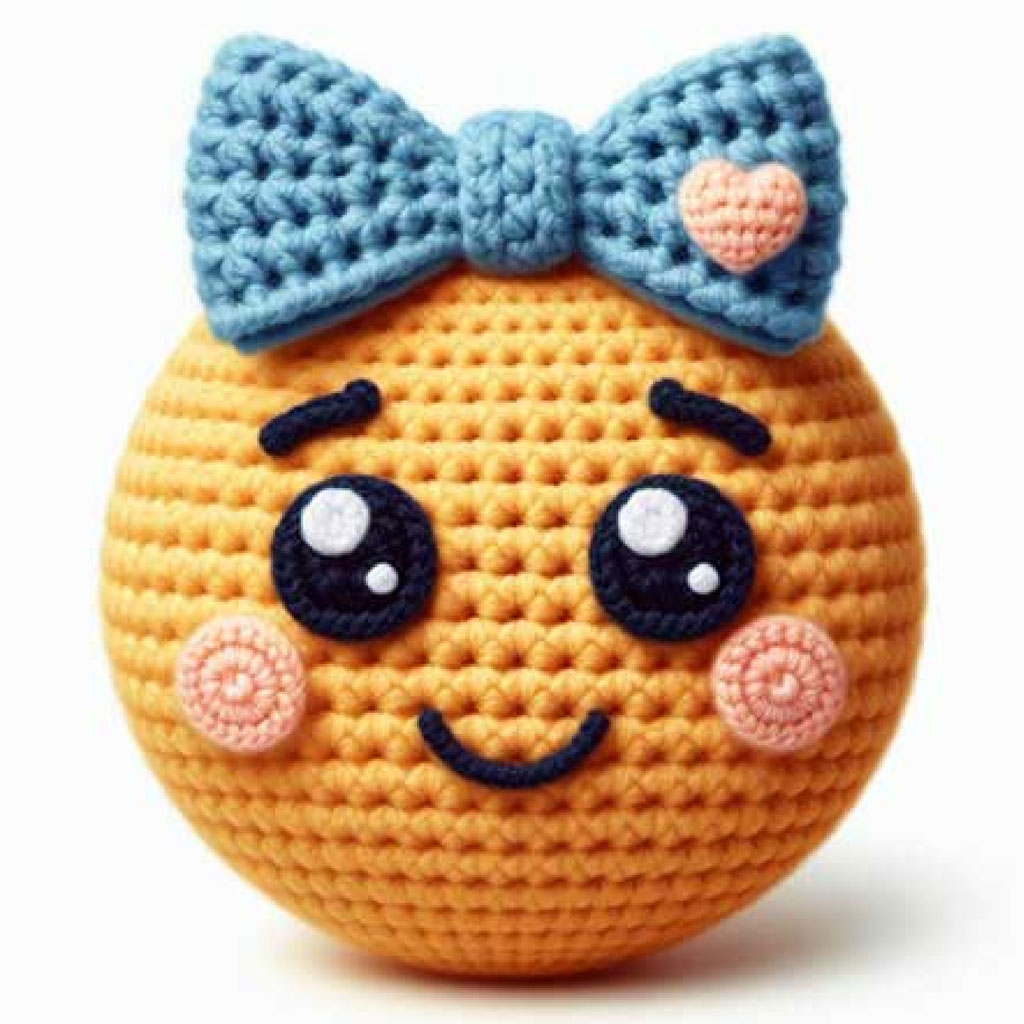 Crochet orange toy with blue bow and smiling face