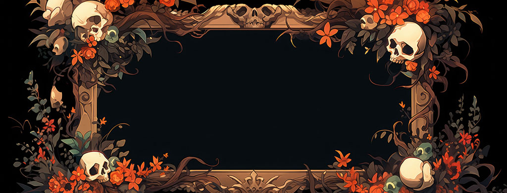 A dark floral frame with skulls and orange flowers