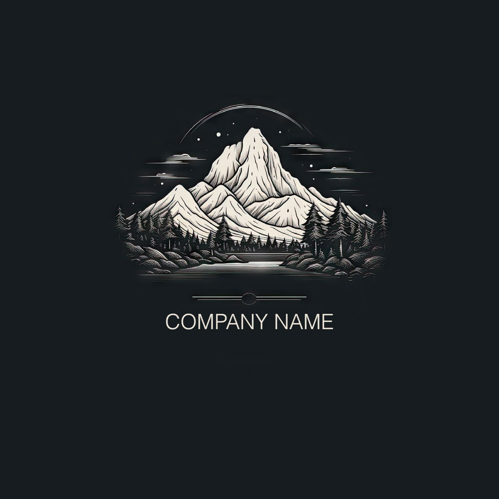 Mountain landscape logo with a lake and trees under a starry night sky