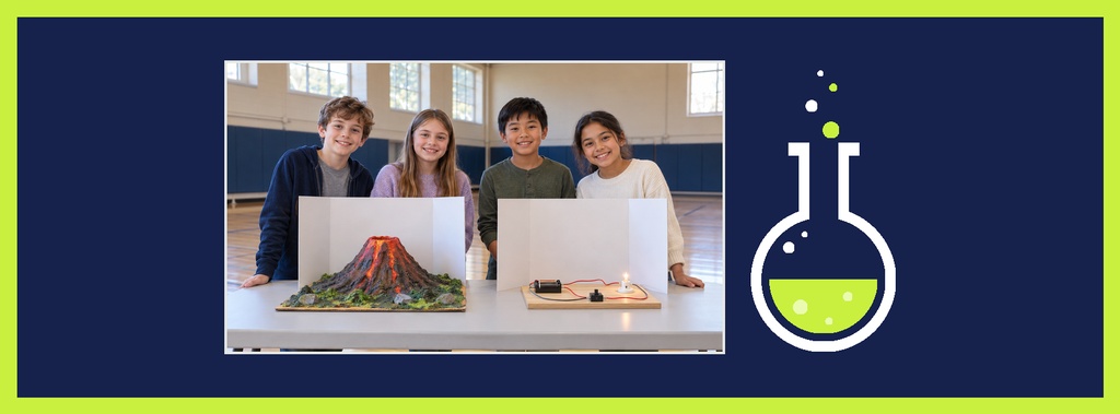 Four students holding science project displays beside a white science flask icon on a dark blue banner.