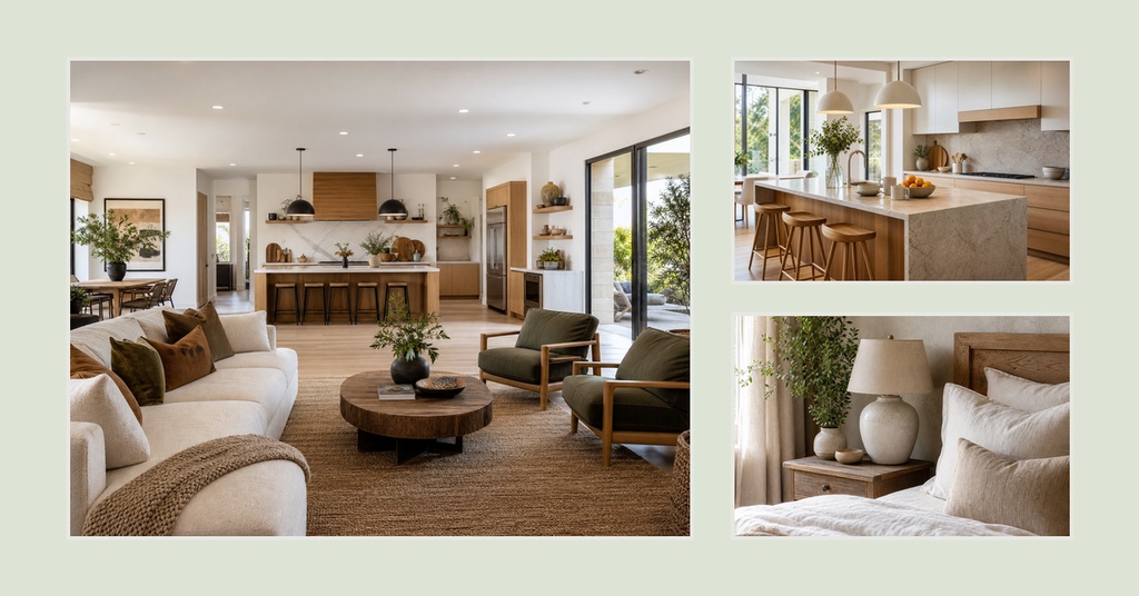 Three interior photos showing a bright apartment living room, kitchen, and bedroom layout.