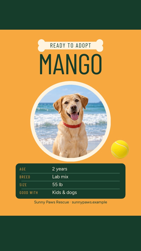 Instagram story template with a smiling dog photo, orange background, and adoption details for Mango.