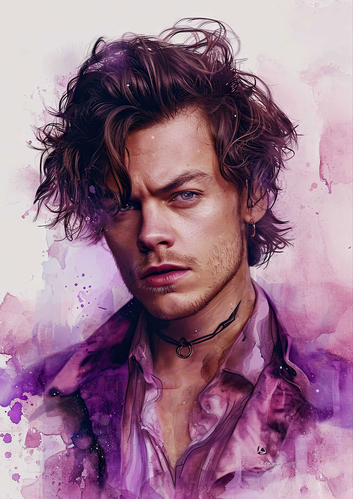 Watercolor portrait of a man with curly brown hair and a purple shirt