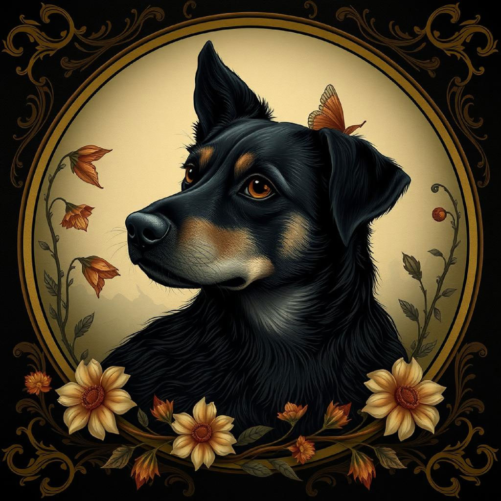 Illustration of a woman in a dark dress with flowers in her hair and around her, accompanied by butterflies.