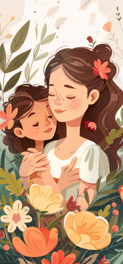 Illustration of a mother embracing her child amidst a floral setting