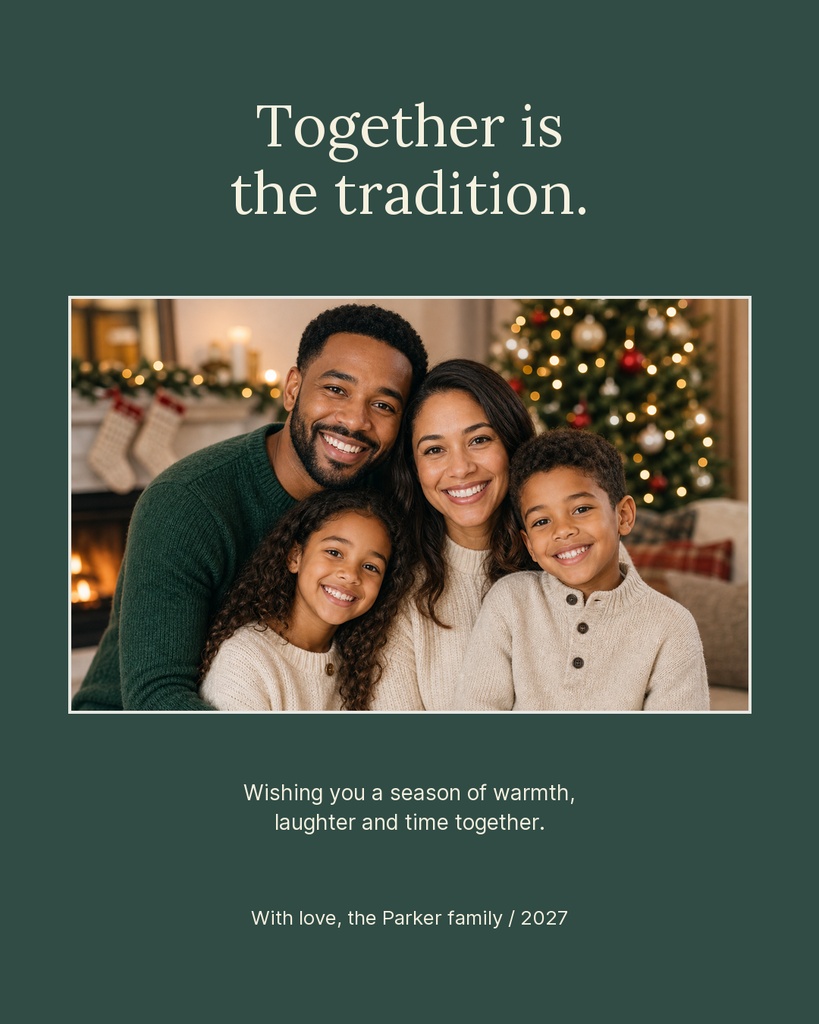 Family smiling in front of a decorated Christmas tree with the phrase Together is the tradition.