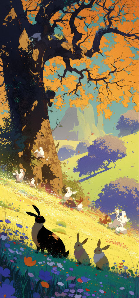 A colorful digital artwork depicting rabbits in a forest with trees and flowers