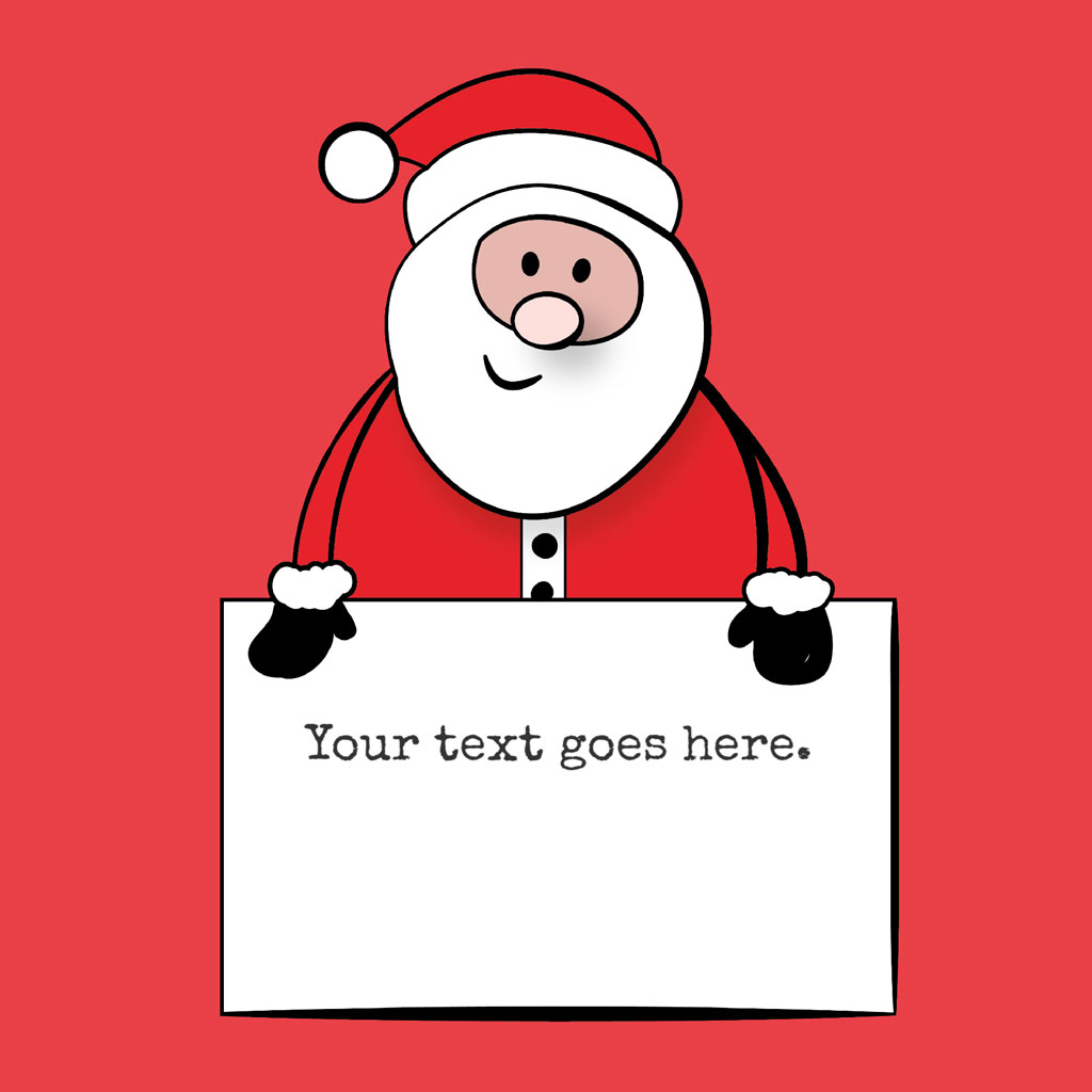 Cartoon pig in Santa costume holding a blank sign