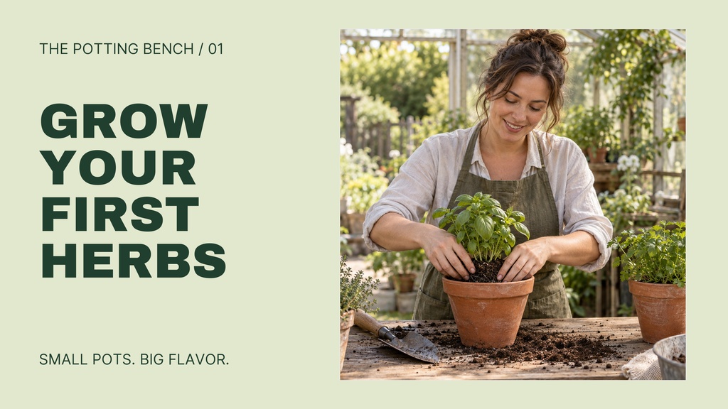 Woman potting a herb plant in a terracotta pot beside bold gardening thumbnail text