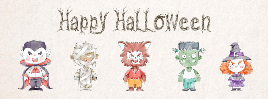 Halloween characters cross stitch pattern with a vampire, mummy, werewolf, Frankenstein's monster, and witch