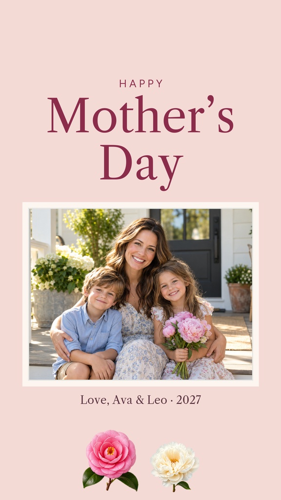 Pink Mother’s Day story template with a family photo and floral accents