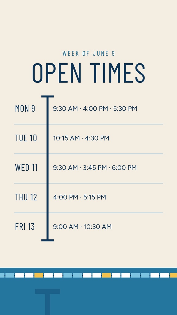 Portrait story template showing open times for swim lesson slots during the week of June 9.