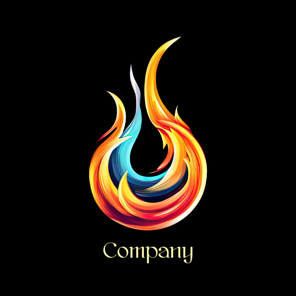 Stylized flame logo in shades of orange, yellow, and blue on a black background