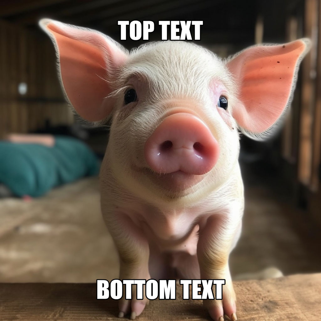 A pink pig with large ears standing on a wooden surface, with placeholder text for meme creation.
