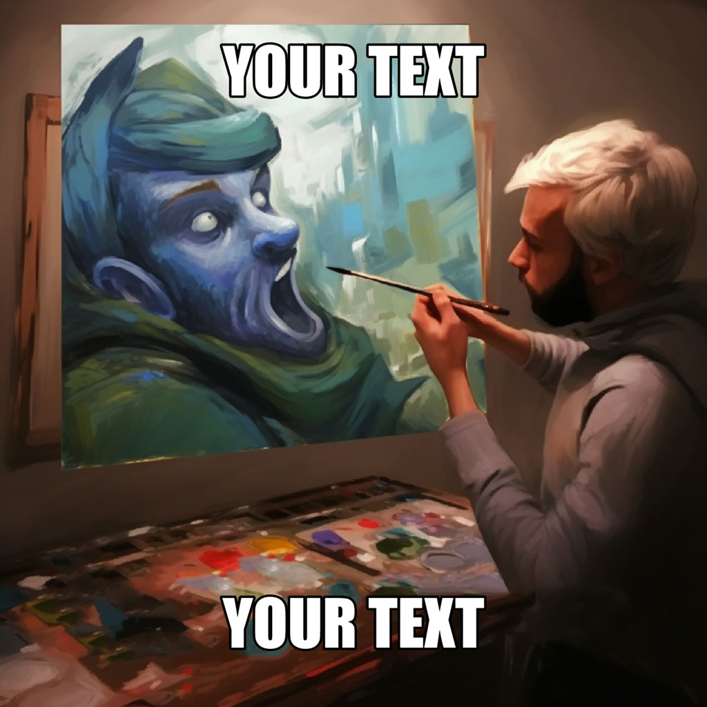 Artist painting a fantasy character with blue skin and green cloak