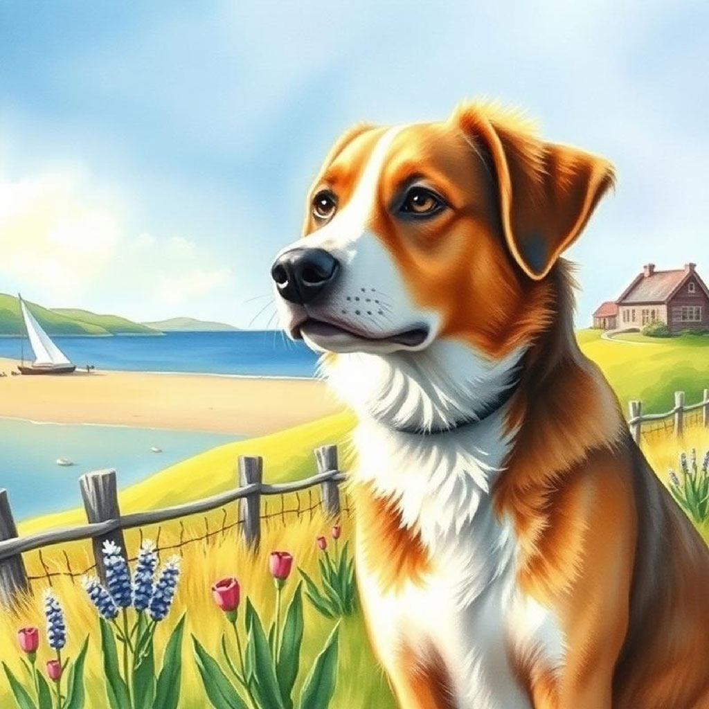 A watercolor painting of a rural landscape with houses and a winding road.