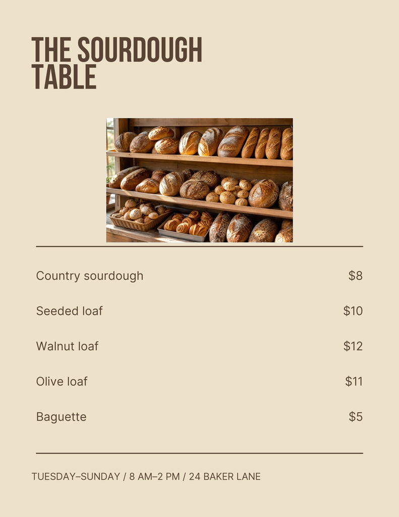 Preview for The Sourdough Table Letter Menu / Price List Template