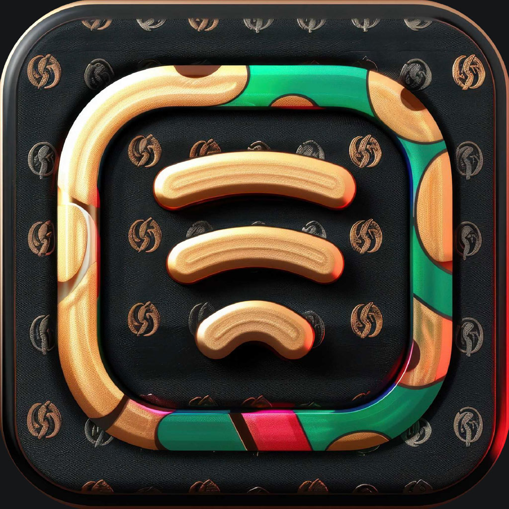 A luxury WiFi icon with a gold and green WiFi symbol on a black background with a Gucci pattern.