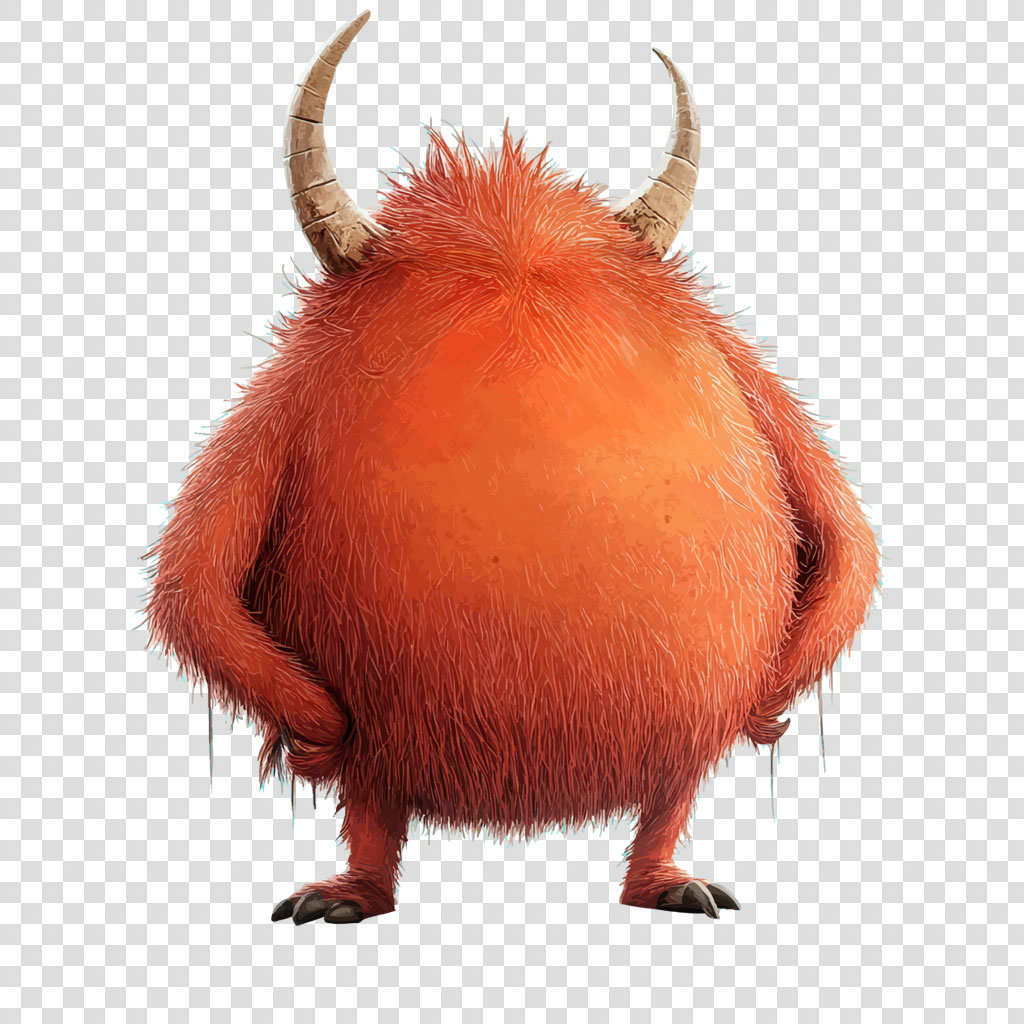 A red, furry monster with two horns on its head and a round body.