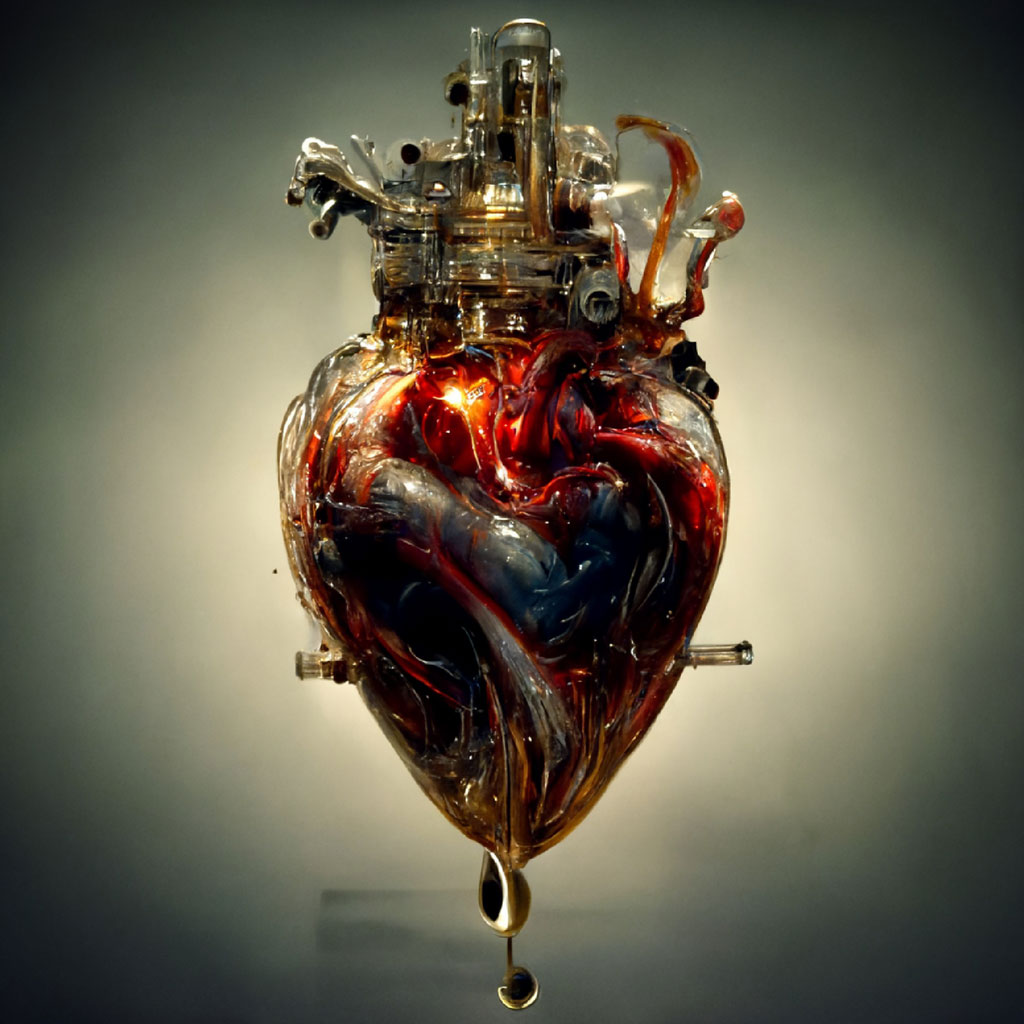 A mechanical heart with visible inner workings and oil leakage.