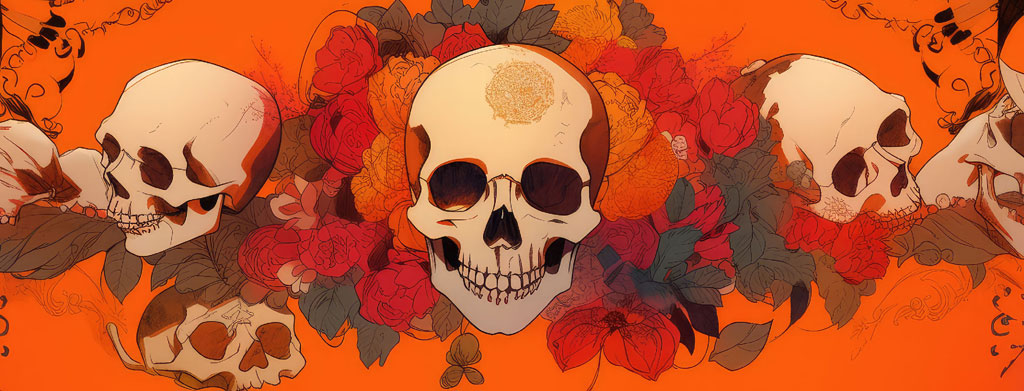 Illustration of three skulls with floral decorations on an orange background