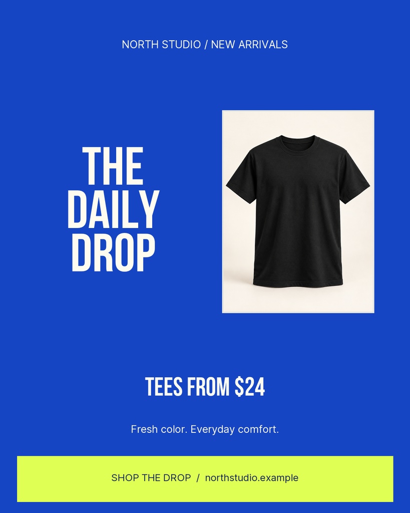 Blue portrait social post template featuring a black T-shirt and bold sale text.