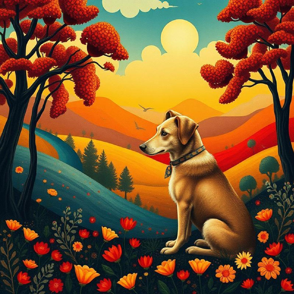 A stylized autumn landscape with rolling hills, trees, and flowers in shades of orange and yellow.