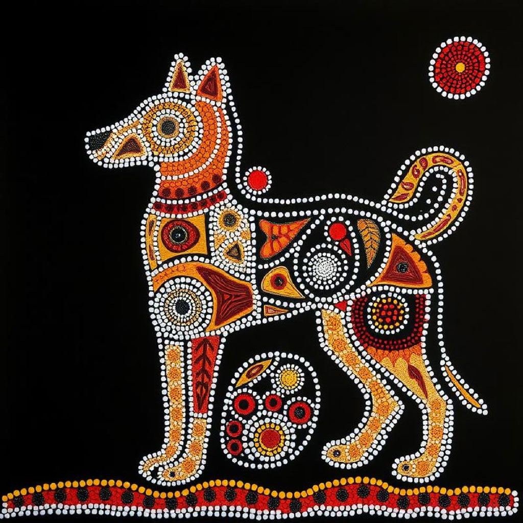 A colorful Aboriginal artwork created using mosaic techniques, depicting traditional patterns and symbols.