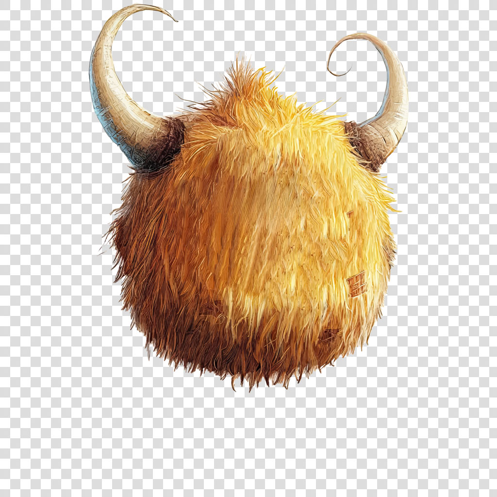 Illustration of a highland cow's head with shaggy fur and curved horns