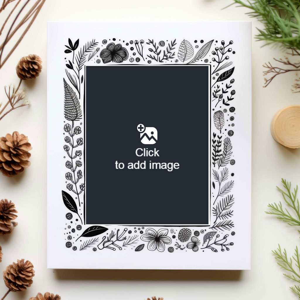 A white square frame with a black center and a floral border.