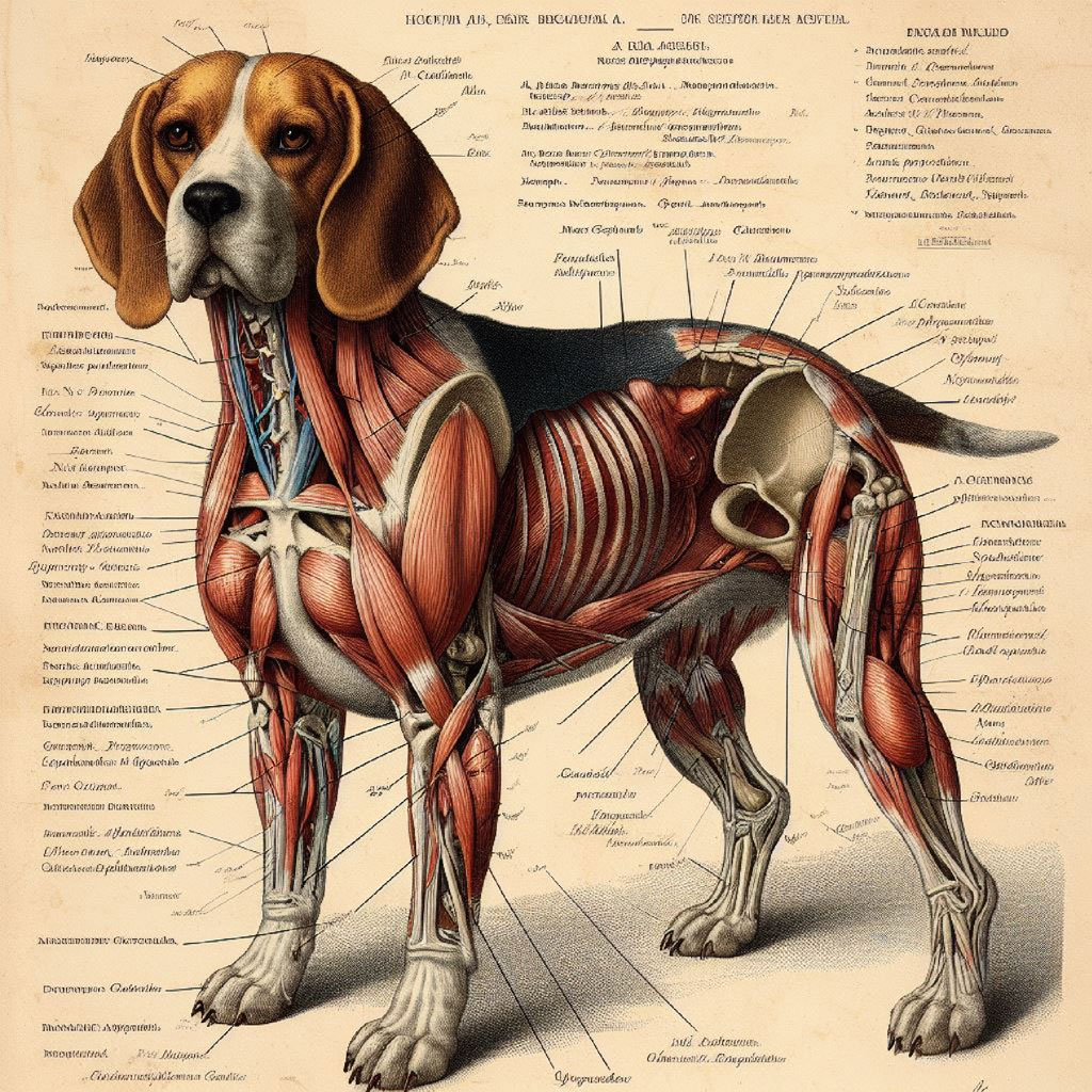 Anatomical diagram of a beagle with labeled muscles and internal organs