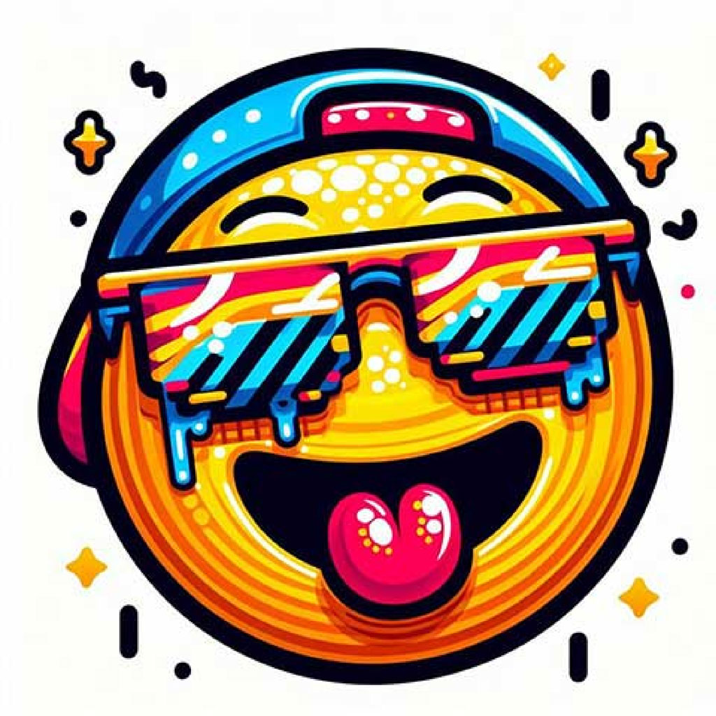 A smiling emoji wearing sunglasses and sticking out its tongue.