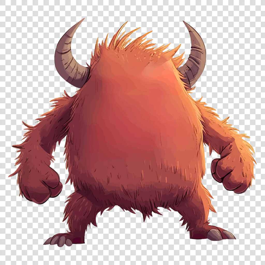 A red, furry monster with two horns and a fierce posture.