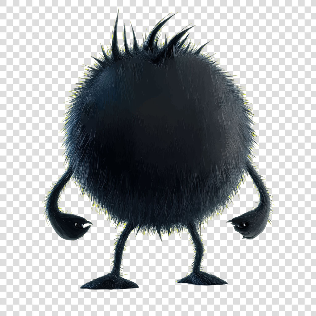 A black, furry creature with a round body and spiky hair on a white background.