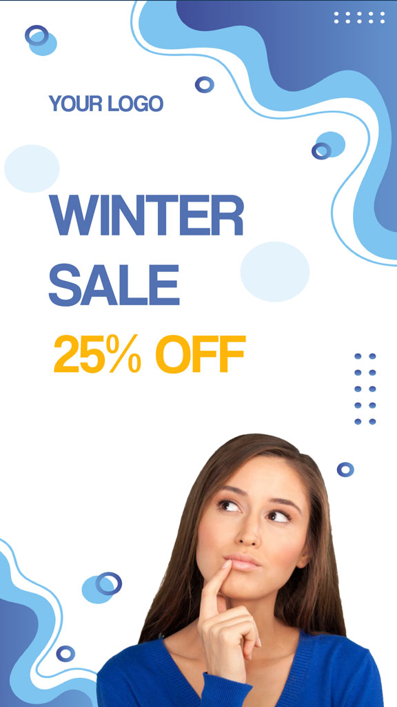 Woman contemplating during winter sale with 25% discount