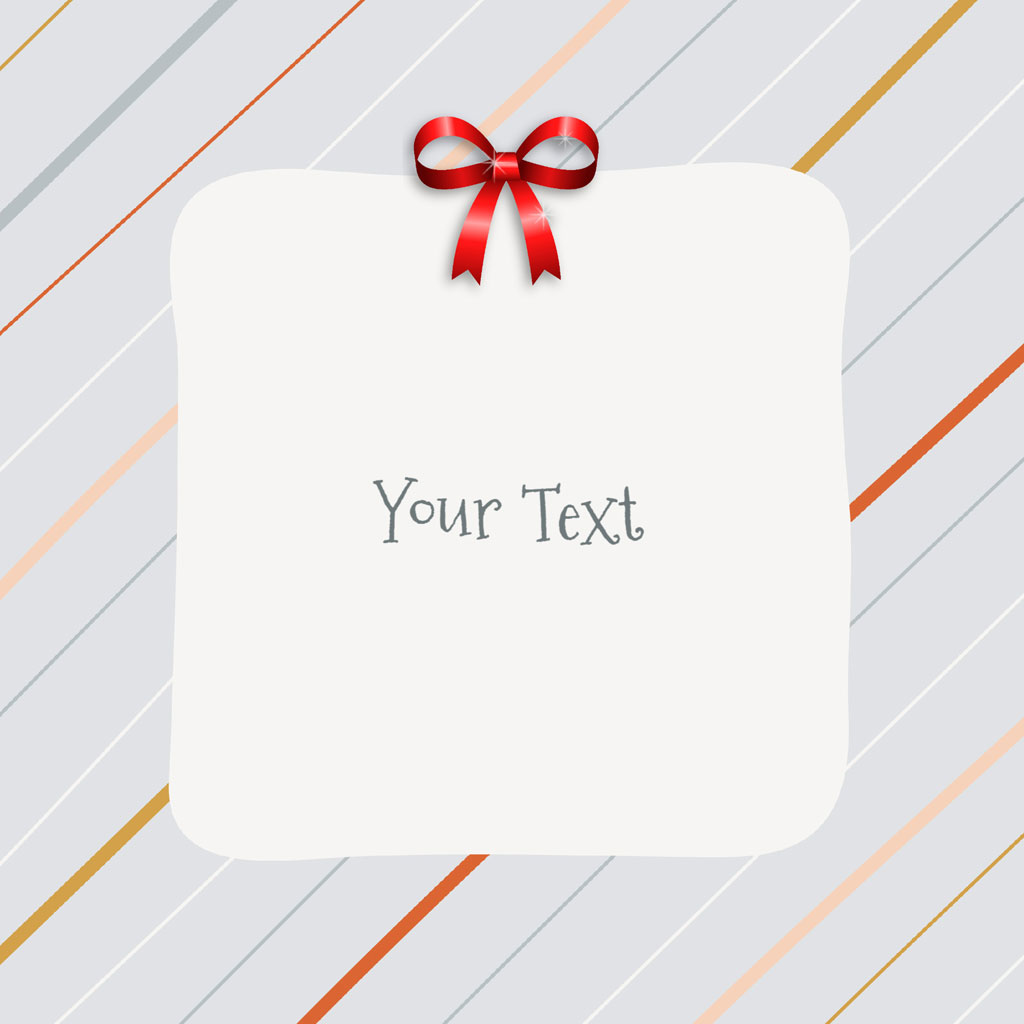 A white gift tag with a red ribbon on a striped background.
