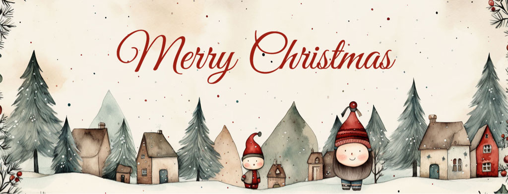 Merry Christmas illustration with snow-covered houses and trees
