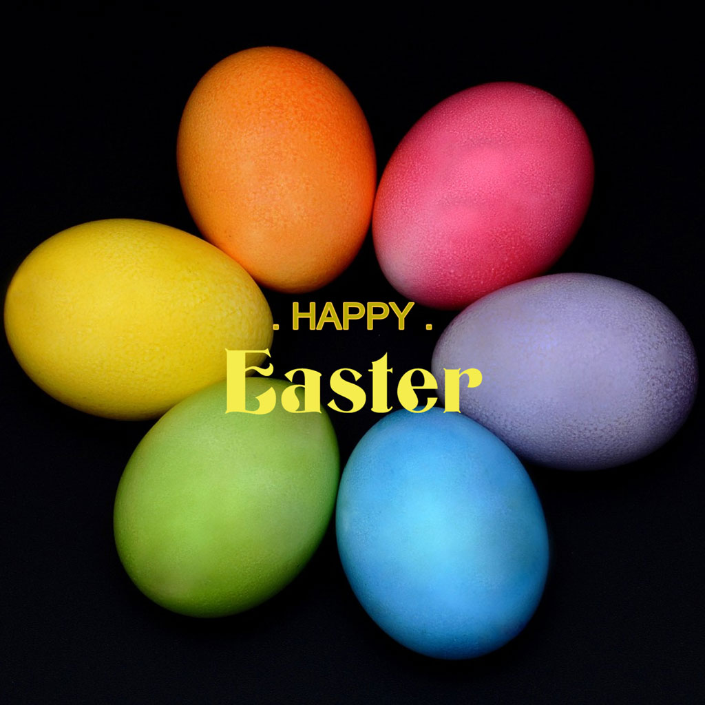 Six colorful Easter eggs in a circular arrangement with 'HAPPY Easter' text overlay