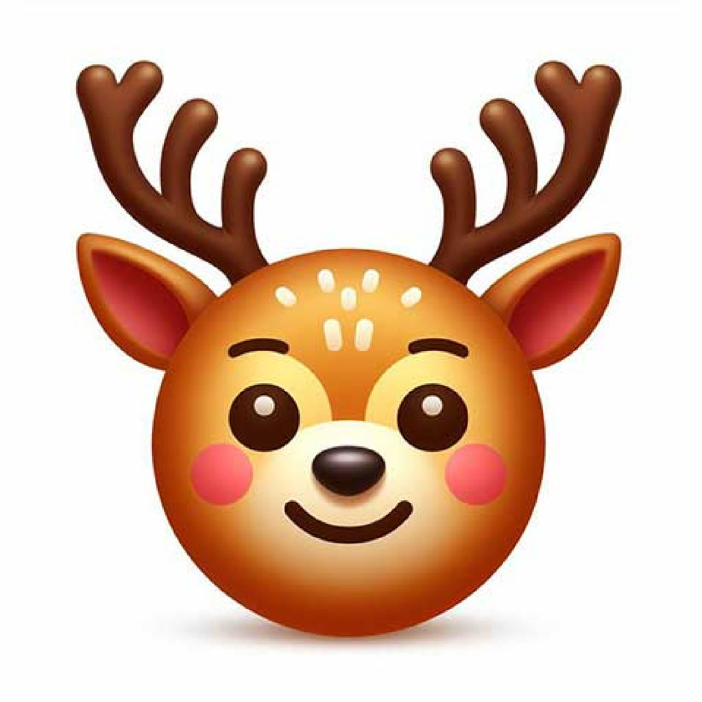 A cute cartoon reindeer with large brown eyes and antlers on a white background