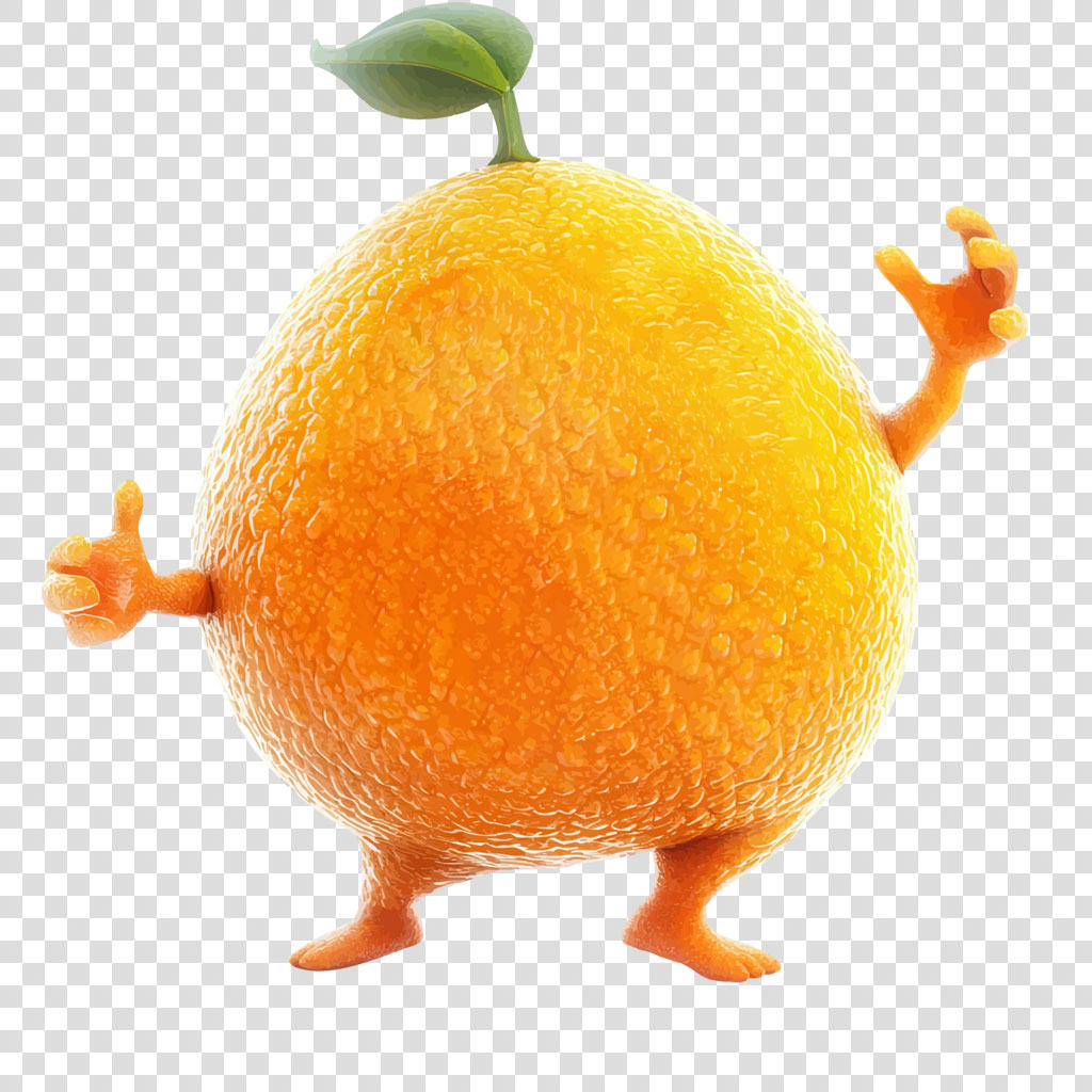 A cartoon orange with arms and legs and a green leaf on top